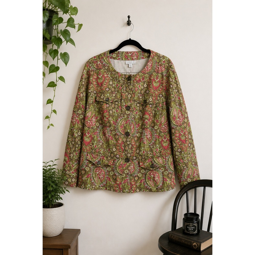 Vintage Charter Club Floral Denim Jacket 1X‎ Pink Lime Cotton Stretch Statement